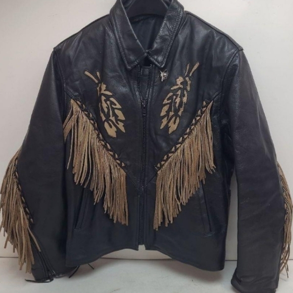 Vintage Jackets & Blazers - Vintage Leather Club Black & Tan Fringe Leather‎ Jacket, Eagle, XL, 23"PTP, 25"L